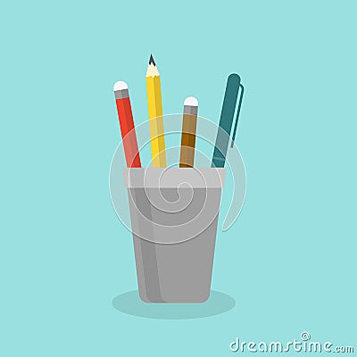 Pencil stand icon with pen and pencils in flat style. Vector illustration. Vector Illustration
